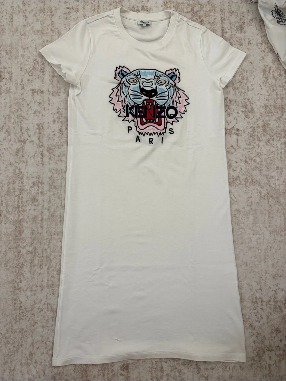 Kenzo White Tee Dress with Blue and Pink Tiger Graphic